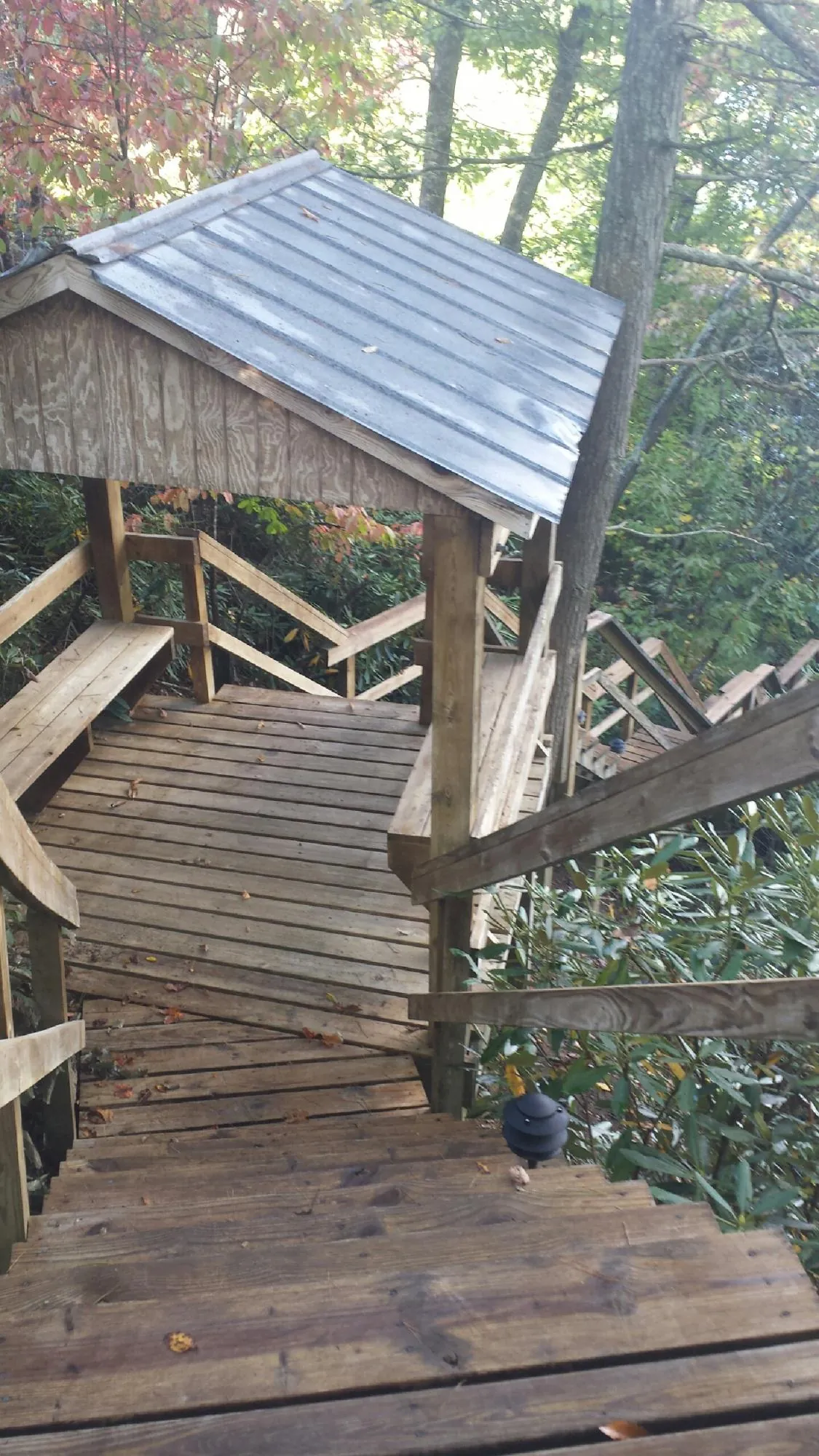 Metal roofed shelter over wooden steps on a wooded walkway — Skylight Repair & Installation work by our crew in Hannaford